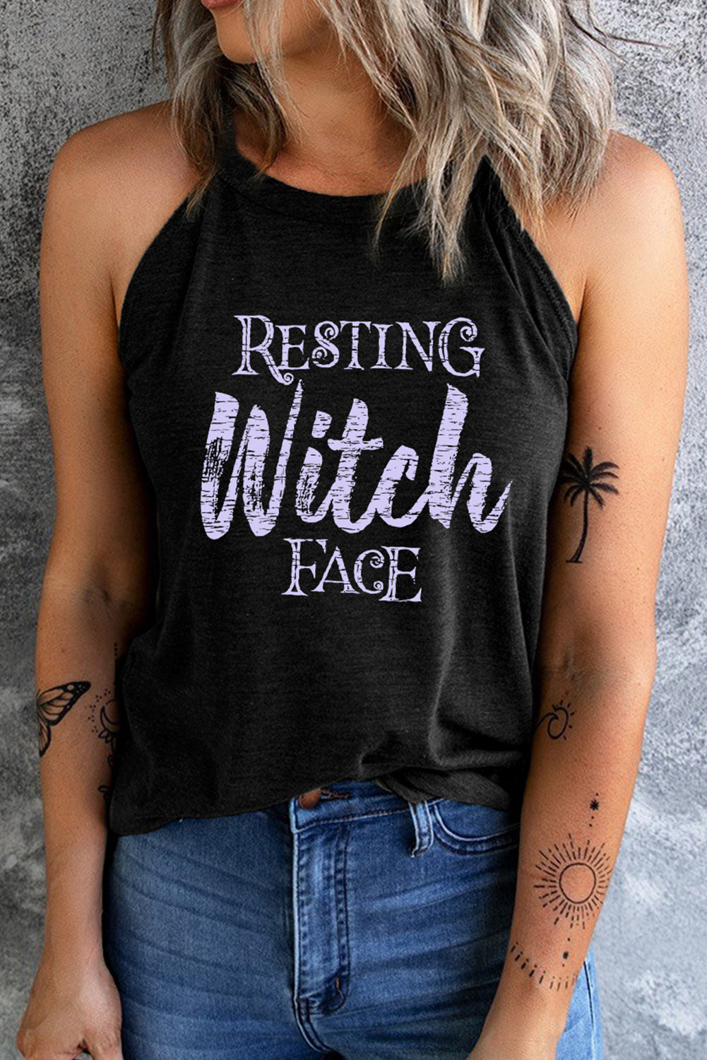 Get trendy with Round Neck RESTING WITCH FACE Graphic Tank Top - Halloween Clothes available at Styles Code. Grab yours today!