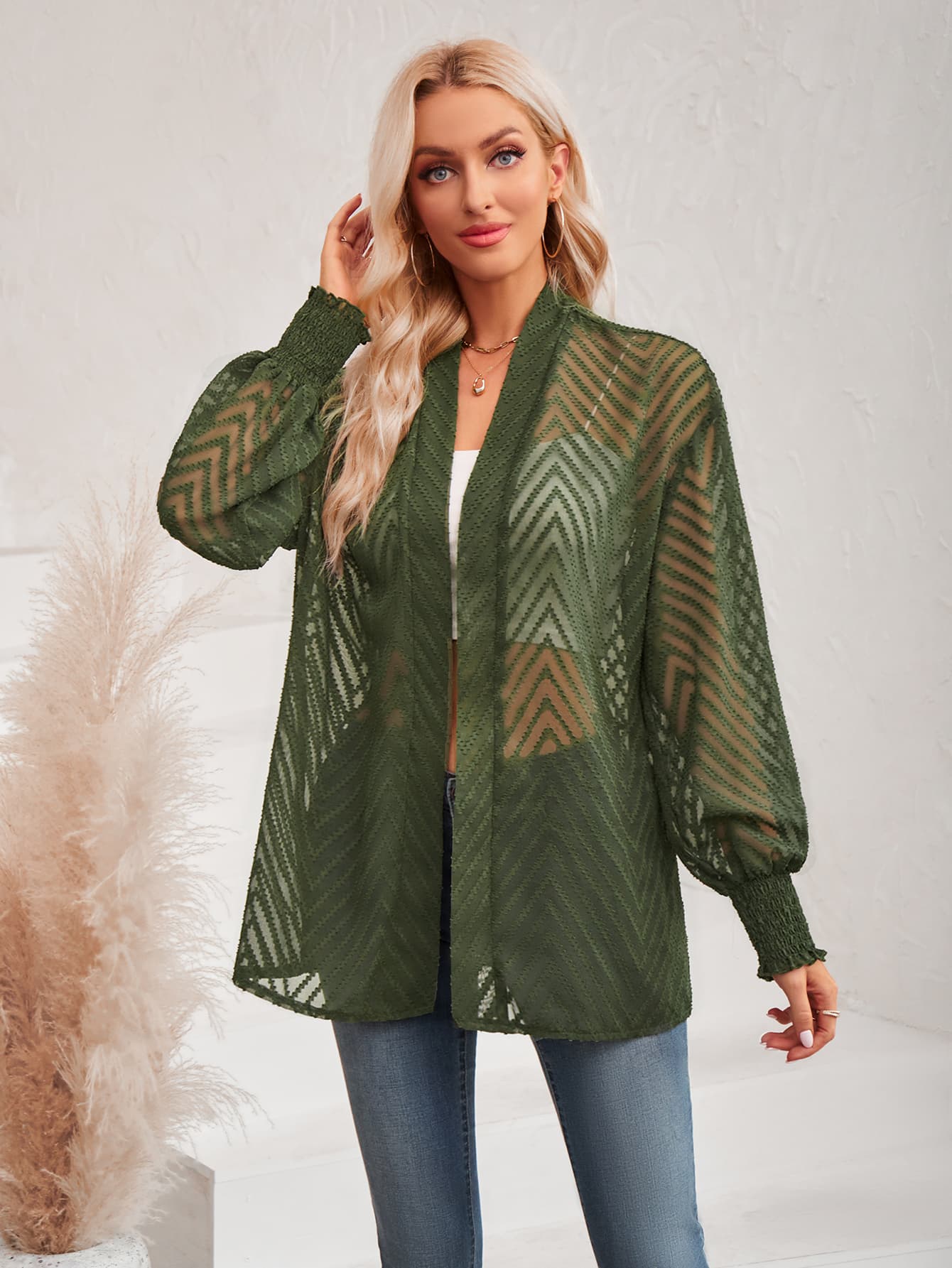 Get trendy with Lantern Sleeve Open Front Sheer Cardigan - Coats available at Styles Code. Grab yours today!