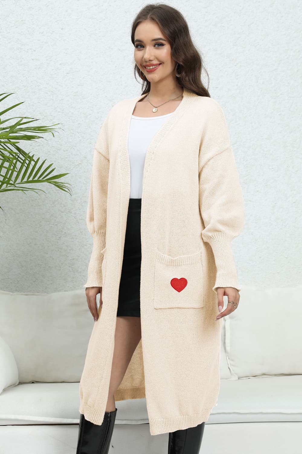 Get trendy with Lantern Sleeve Open Front Pocketed Cardigan - Cardigan available at Styles Code. Grab yours today!