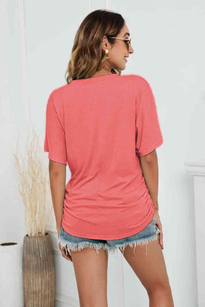 Get trendy with V-Neck Side Ruched Tee - T-Shirt available at Styles Code. Grab yours today!