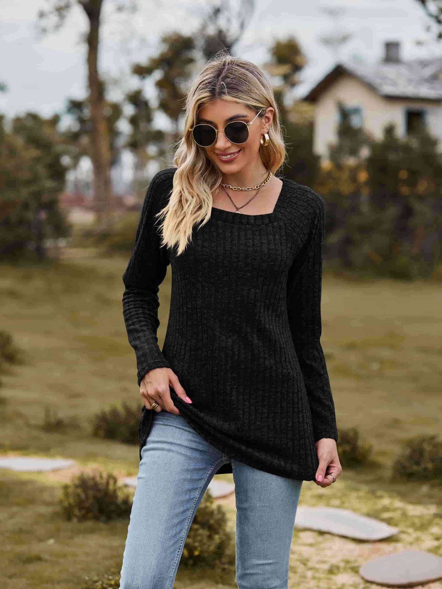 Get trendy with Ribbed Square Neck Long Sleeve Tee - T-Shirt available at Styles Code. Grab yours today!