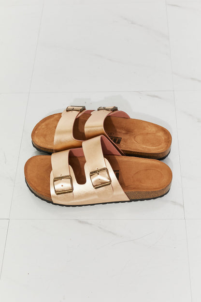 Get trendy with MMShoes Best Life Double-Banded Slide Sandal in Gold - Shoes available at Styles Code. Grab yours today!