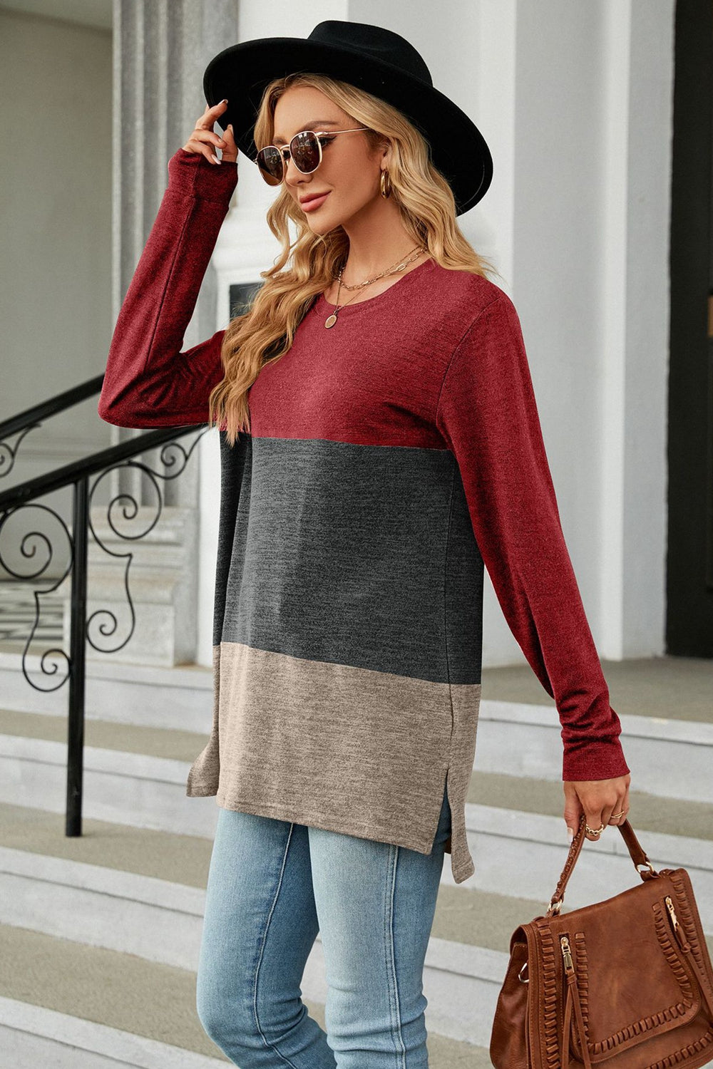 Get trendy with Color Block Round Neck Long Sleeve Slit T-Shirt - Tops available at Styles Code. Grab yours today!