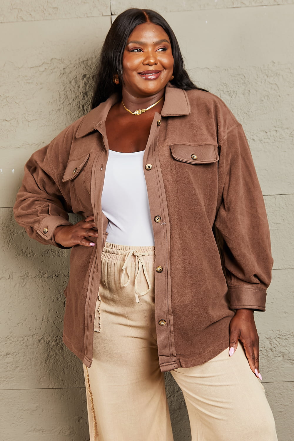 Get trendy with Heimish Cozy Girl Full Size Button Down Shacket - Luxe available at Styles Code. Grab yours today!