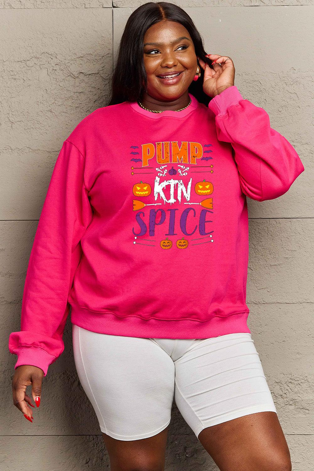 Get trendy with Simply Love Full Size PUMPKIN SPICE Graphic Sweatshirt - Halloween Clothes available at Styles Code. Grab yours today!