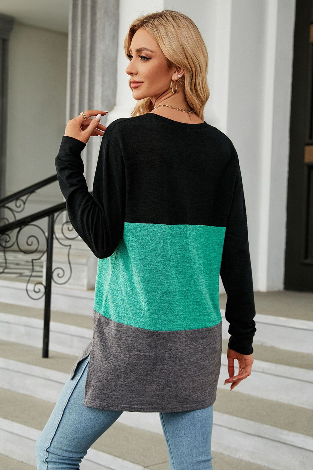 Get trendy with Color Block Round Neck Long Sleeve Slit T-Shirt - Tops available at Styles Code. Grab yours today!