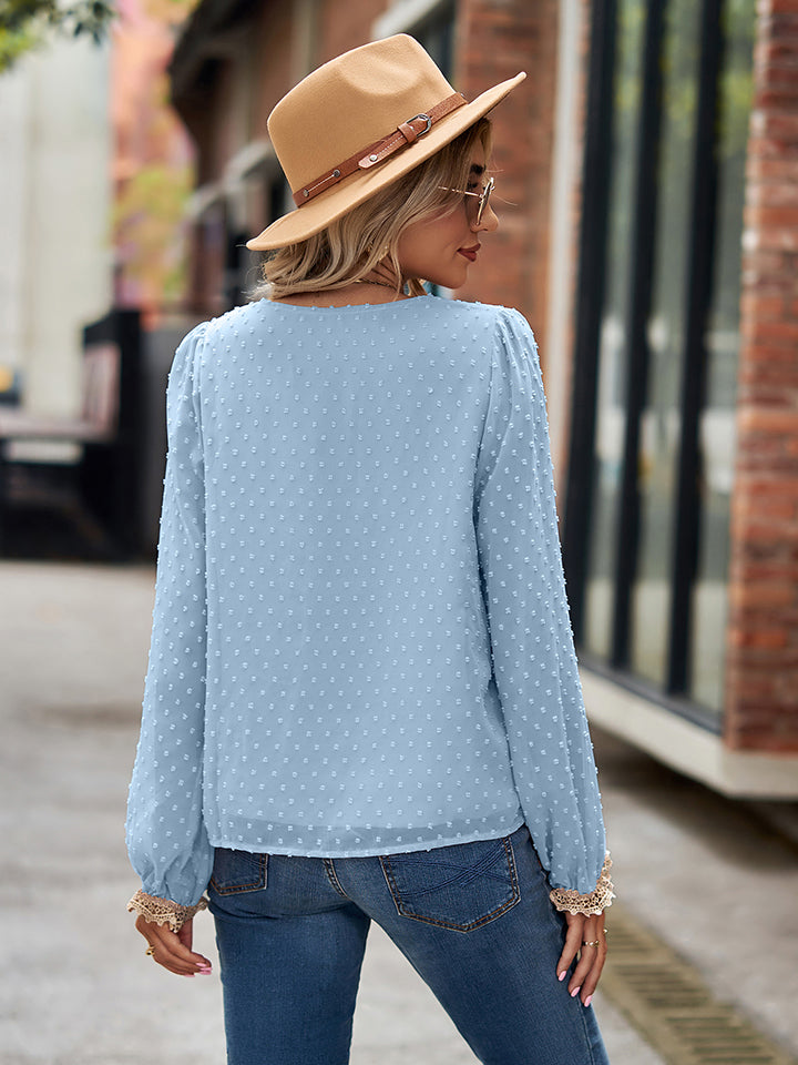 Get trendy with Swiss Dot V-Neck Long Sleeve Blouse - Tops available at Styles Code. Grab yours today!