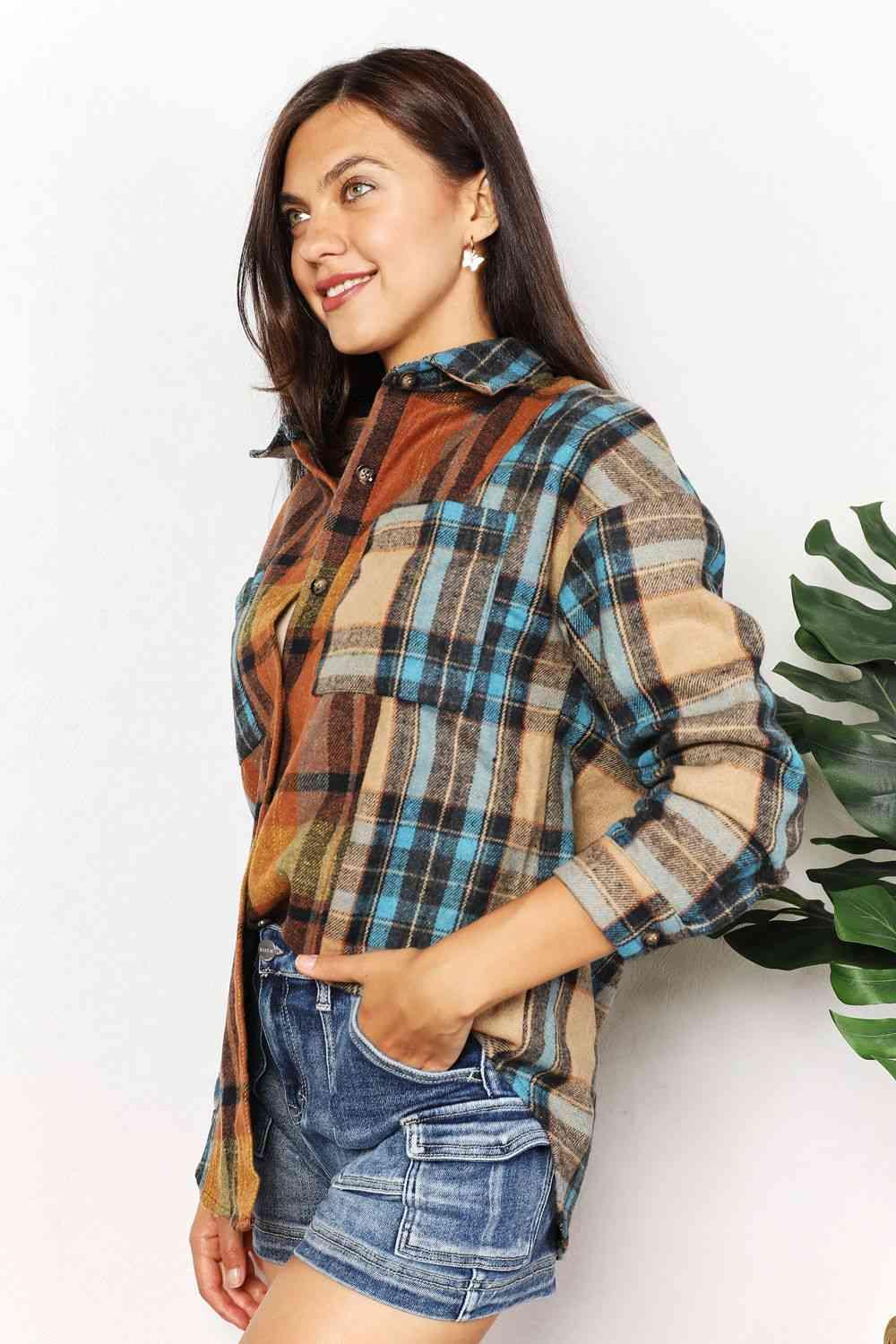 Get trendy with Plaid Curved Hem Shirt Jacket - Shirt available at Styles Code. Grab yours today!