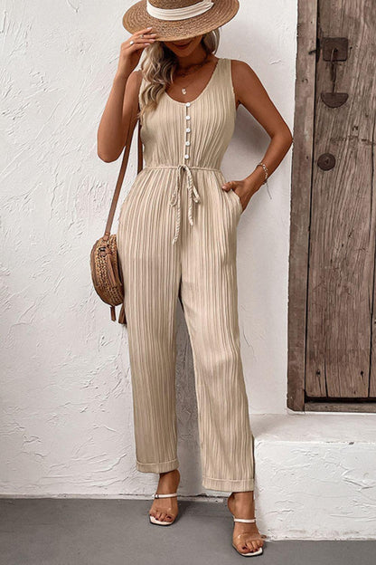 Get trendy with Textured Sleeveless Jumpsuit with Pockets - Jumpsuits available at Styles Code. Grab yours today!