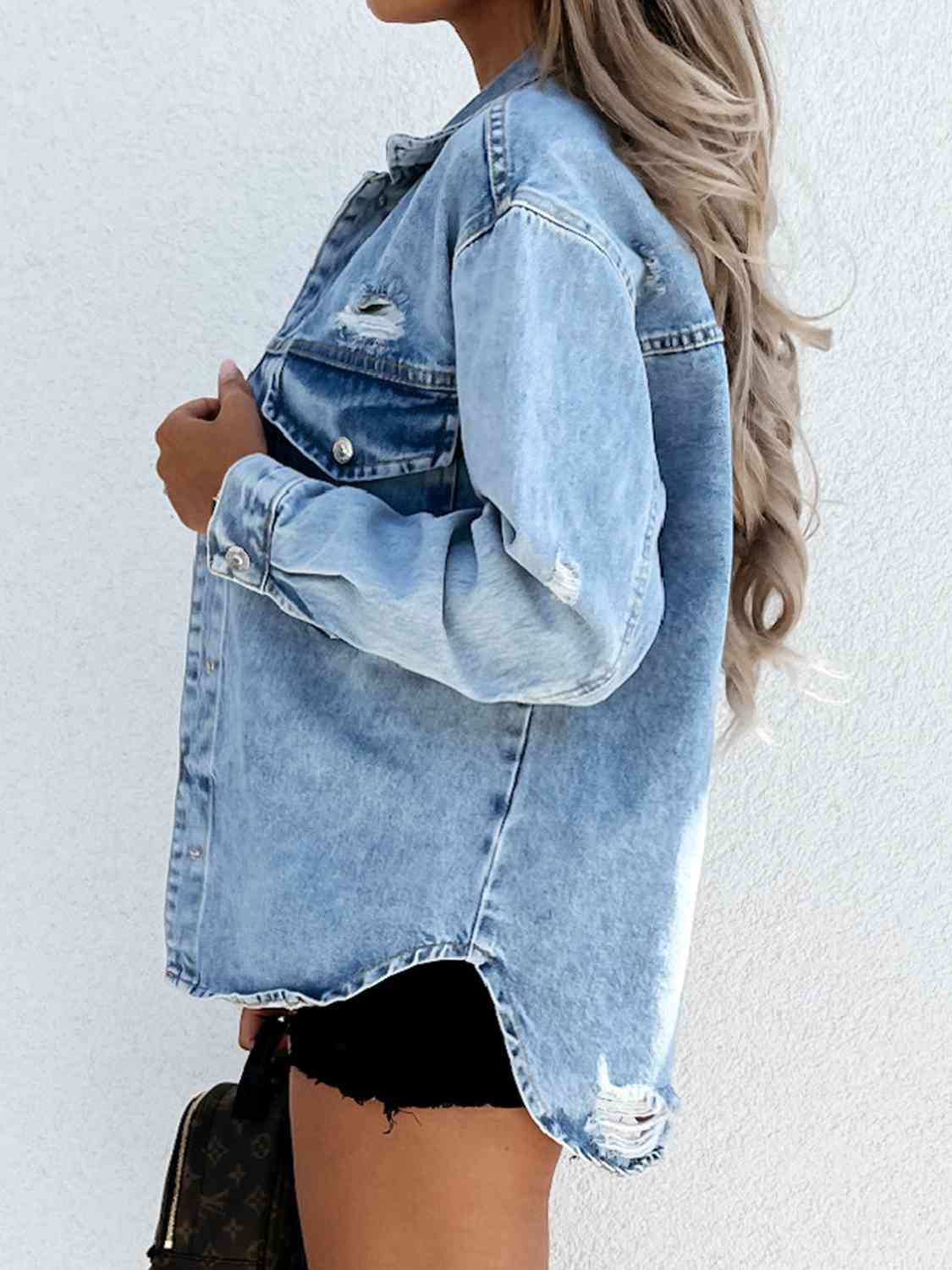 Get trendy with Distressed Snap Down Denim Jacket - Jacket available at Styles Code. Grab yours today!