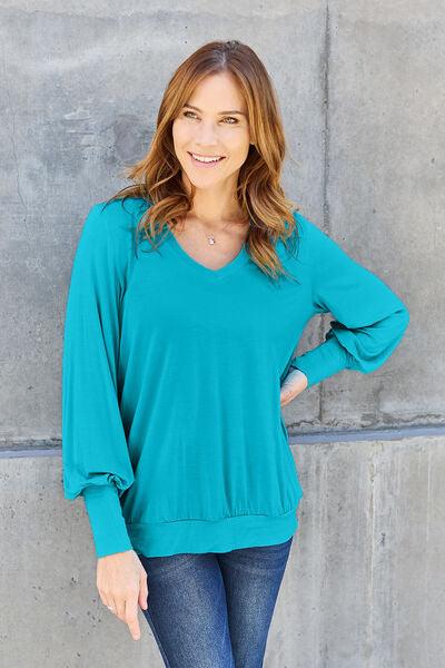 Get trendy with Basic Bae Full Size V-Neck Lantern Sleeve Blouse - Blouse available at Styles Code. Grab yours today!