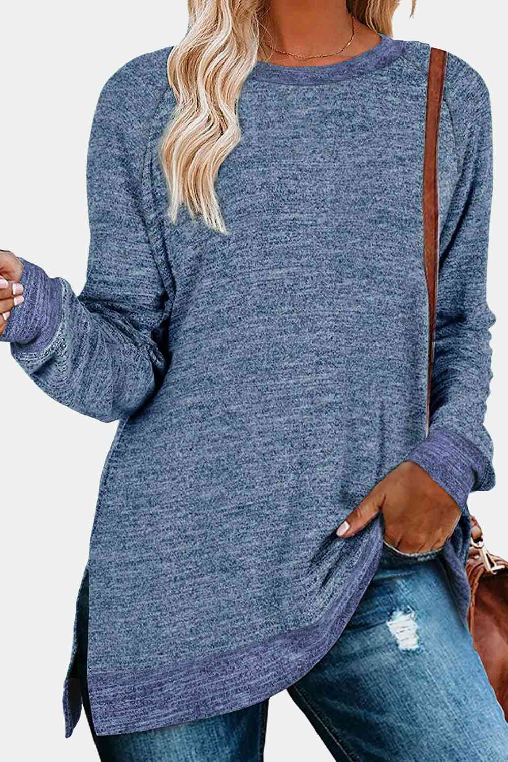 Get trendy with Round Neck Long Sleeve Slit T-Shirt - Shirt available at Styles Code. Grab yours today!