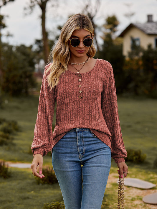 Get trendy with Round Neck Button-Down Long Sleeve Tee - Tops available at Styles Code. Grab yours today!
