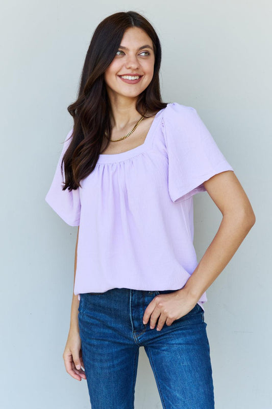 Get trendy with Ninexis Keep Me Close Square Neck Short Sleeve Blouse in Lavender -  available at Styles Code. Grab yours today!