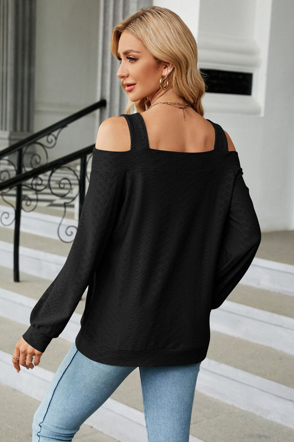 Get trendy with Cold Shoulder Square Neck Cutout Blouse - Tops available at Styles Code. Grab yours today!