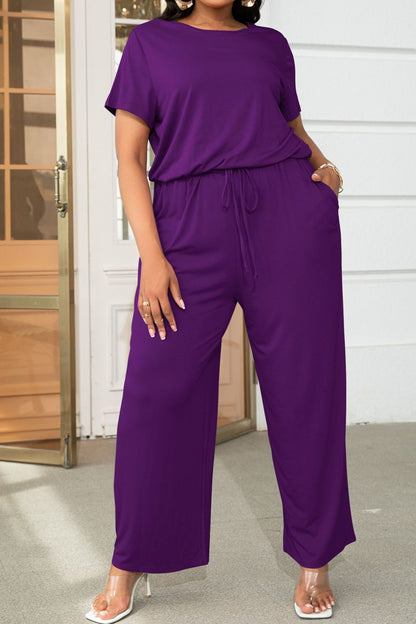 Get trendy with Plus Size Drawstring Waist Short Sleeve Jumpsuit - Plus size available at Styles Code. Grab yours today!