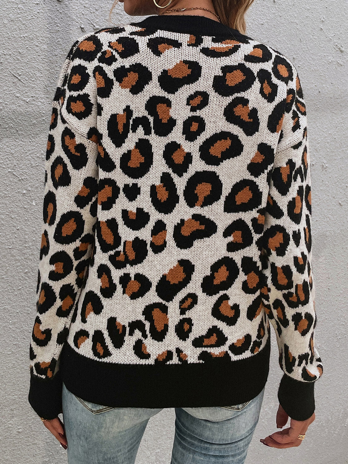 Get trendy with Leopard Round Neck Dropped Shoulder Sweater - Tops available at Styles Code. Grab yours today!