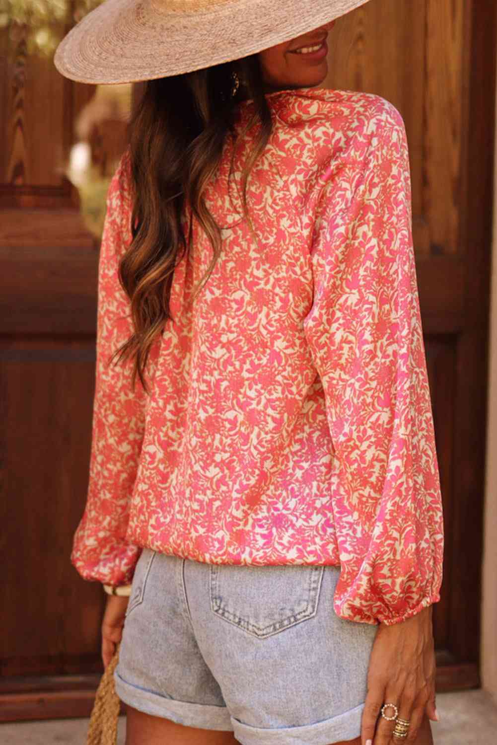 Get trendy with Floral Tie Neck Balloon Sleeve Shirt - Shirt available at Styles Code. Grab yours today!