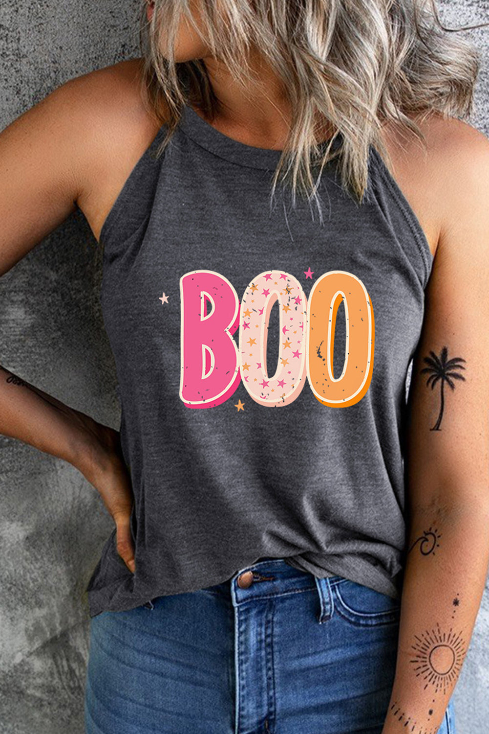 Get trendy with Round Neck Sleeveless BOO Graphic Tank Top - Halloween Clothes available at Styles Code. Grab yours today!