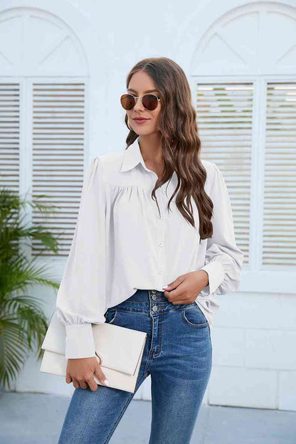 Get trendy with Puff Sleeve Collared Neck Shirt - Shirt available at Styles Code. Grab yours today!