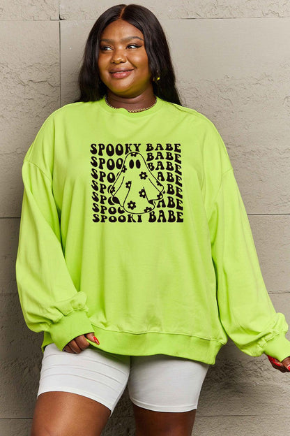 Get trendy with Simply Love Full Size SPOOKY BABE Graphic Sweatshirt - Halloween Clothes available at Styles Code. Grab yours today!