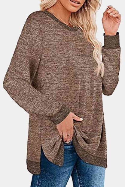 Get trendy with Round Neck Long Sleeve Slit T-Shirt - Shirt available at Styles Code. Grab yours today!