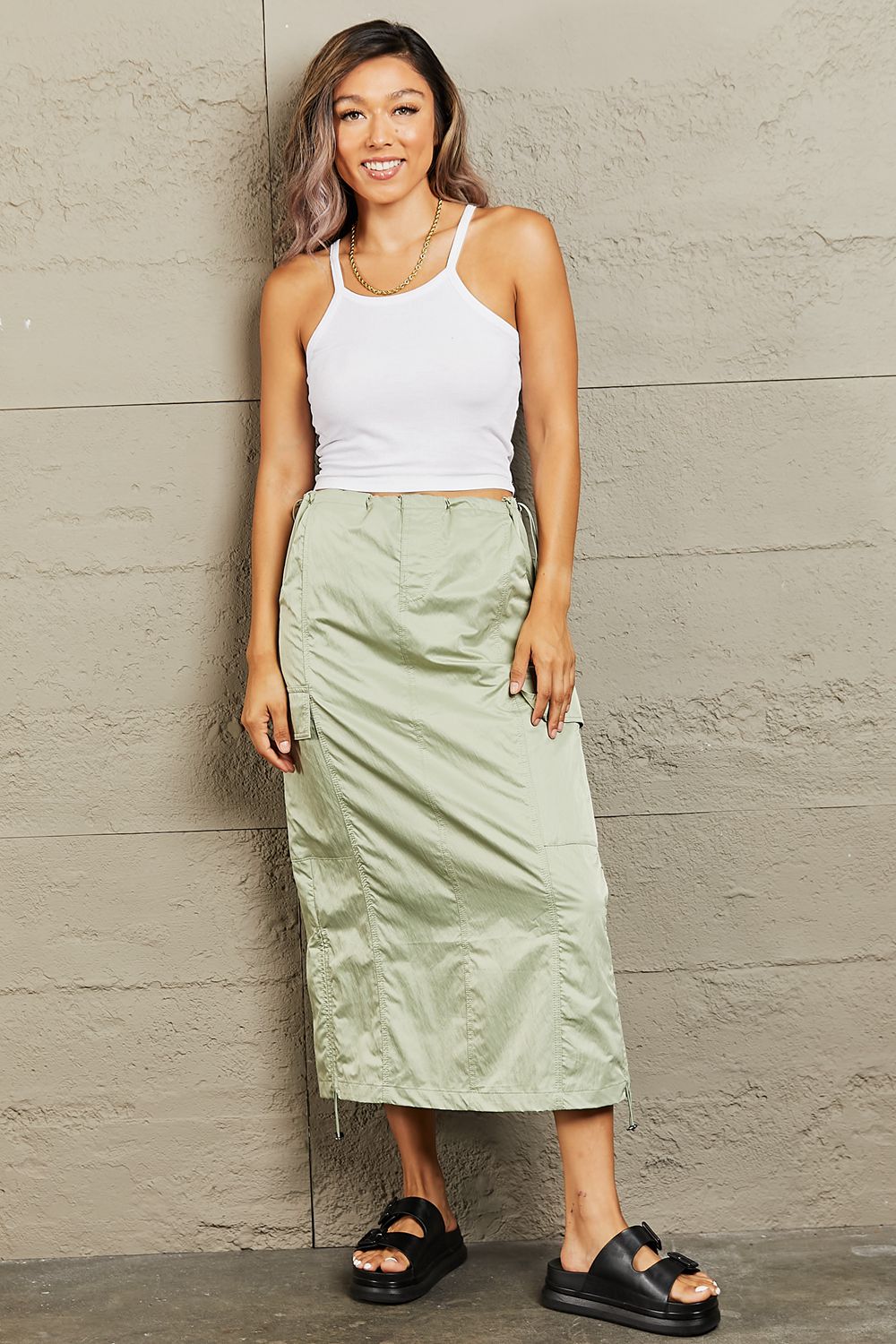 Get trendy with HYFVE Just In Time High Waisted Cargo Midi Skirt - Luxe available at Styles Code. Grab yours today!