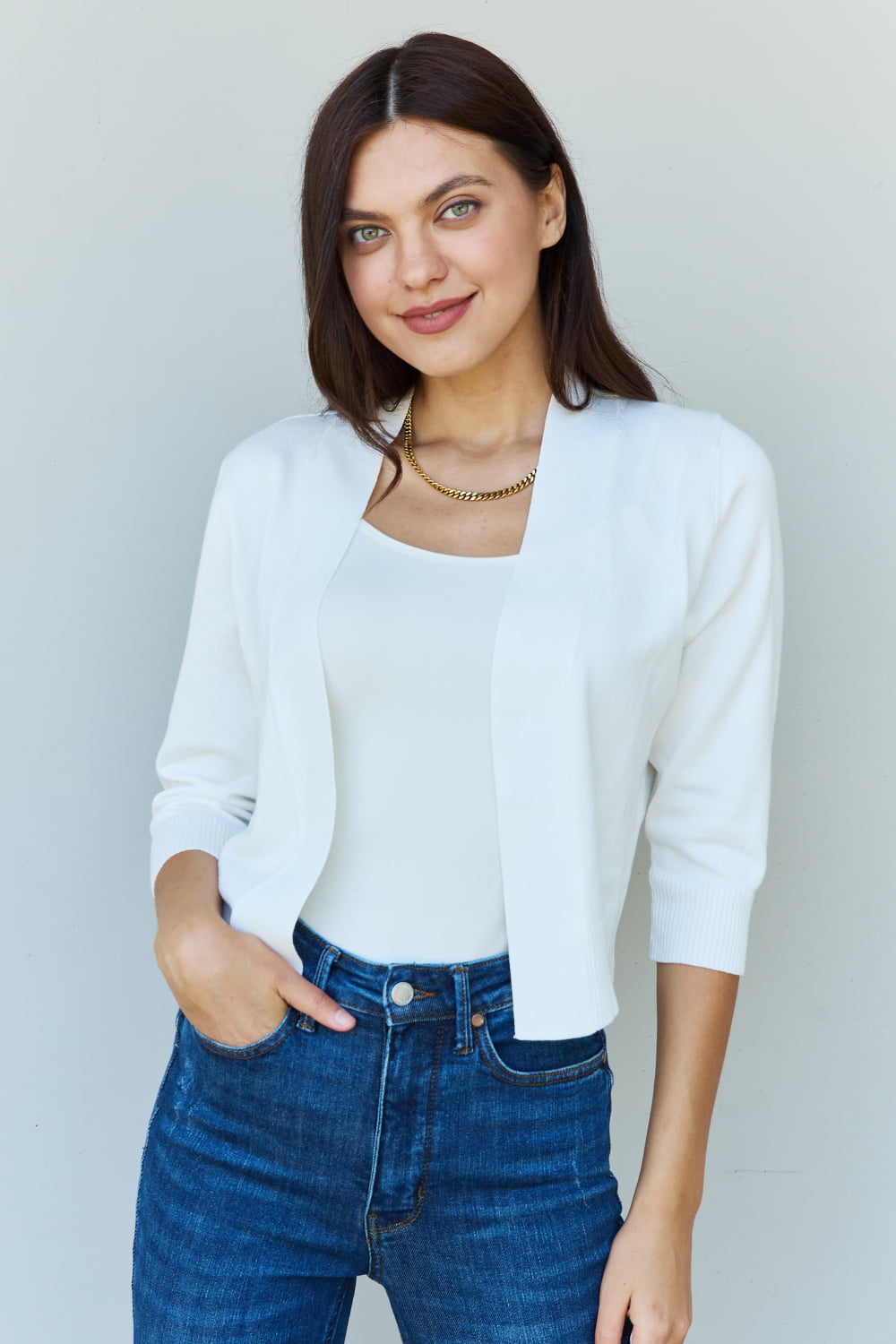 Get trendy with Doublju My Favorite Full Size 3/4 Sleeve Cropped Cardigan in Ivory - Cardigan available at Styles Code. Grab yours today!