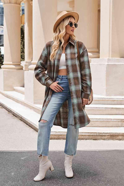 Get trendy with Plaid Collared Neck Long Sleeve Coat - Shirt available at Styles Code. Grab yours today!