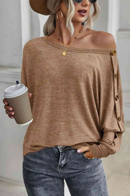 Get trendy with Boat Neck Buttoned Long Sleeve T-Shirt - T-Shirt available at Styles Code. Grab yours today!