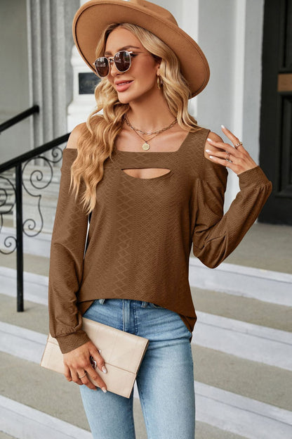 Get trendy with Cold Shoulder Square Neck Cutout Blouse - Tops available at Styles Code. Grab yours today!