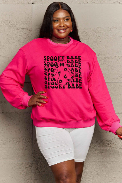 Get trendy with Simply Love Full Size SPOOKY BABE Graphic Sweatshirt - Halloween Clothes available at Styles Code. Grab yours today!