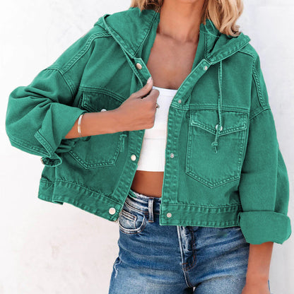 Get trendy with Hooded Dropped Shoulder Denim Jacket - Jackets available at Styles Code. Grab yours today!