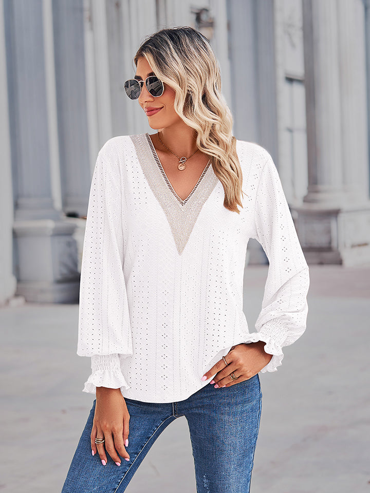 Get trendy with V-Neck Eyelet Flounce Sleeve Blouse - Tops available at Styles Code. Grab yours today!