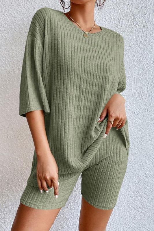 Get trendy with Round Neck Ribbed Top and Shorts Lounge Set - Two Piece Sets available at Styles Code. Grab yours today!