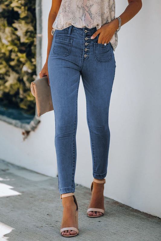 Get trendy with Button Fly Skinny Jeans with Pockets - Jeans available at Styles Code. Grab yours today!