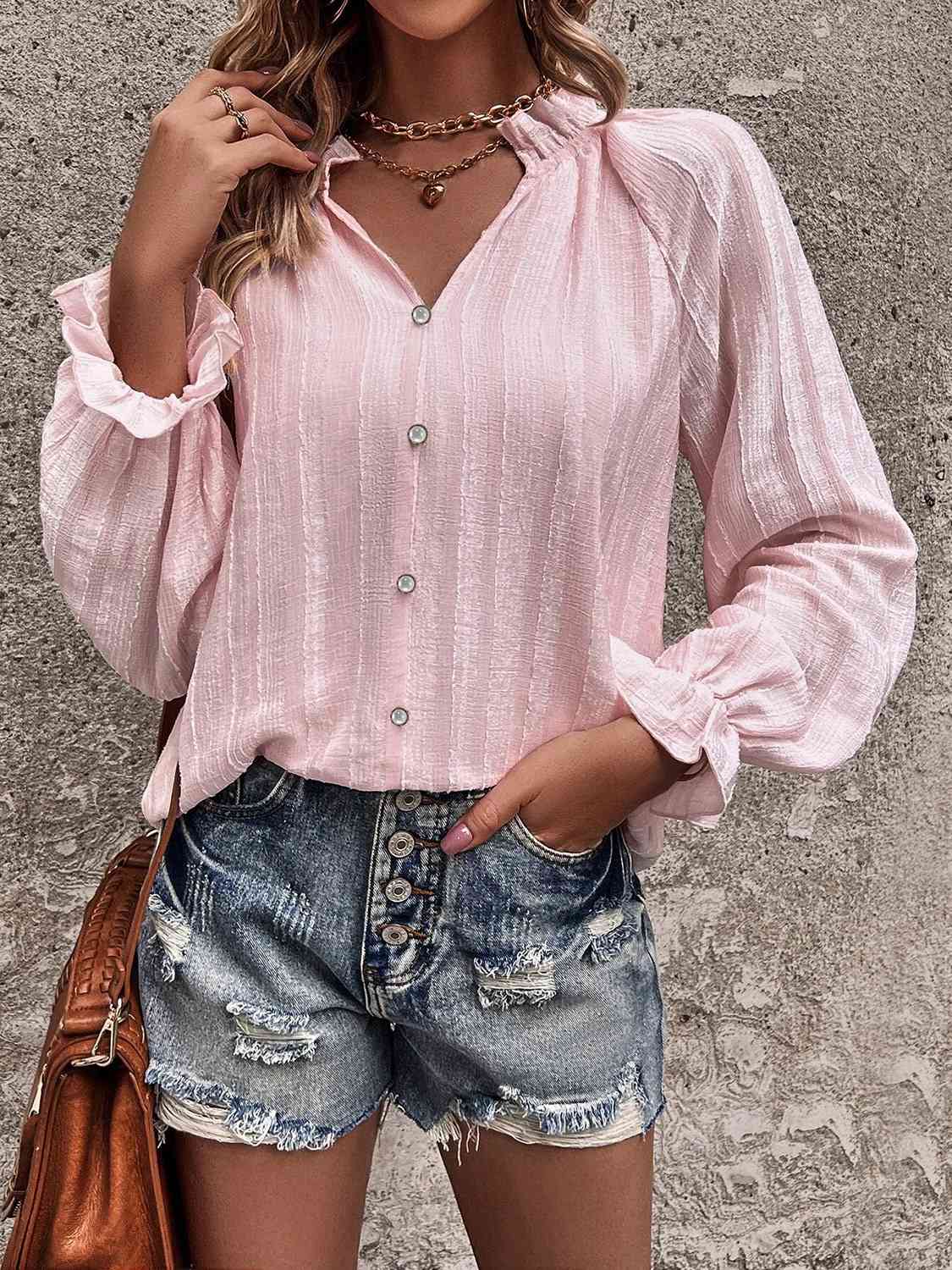 Get trendy with Notched Neck Flounce Sleeve Shirt - Shirt available at Styles Code. Grab yours today!