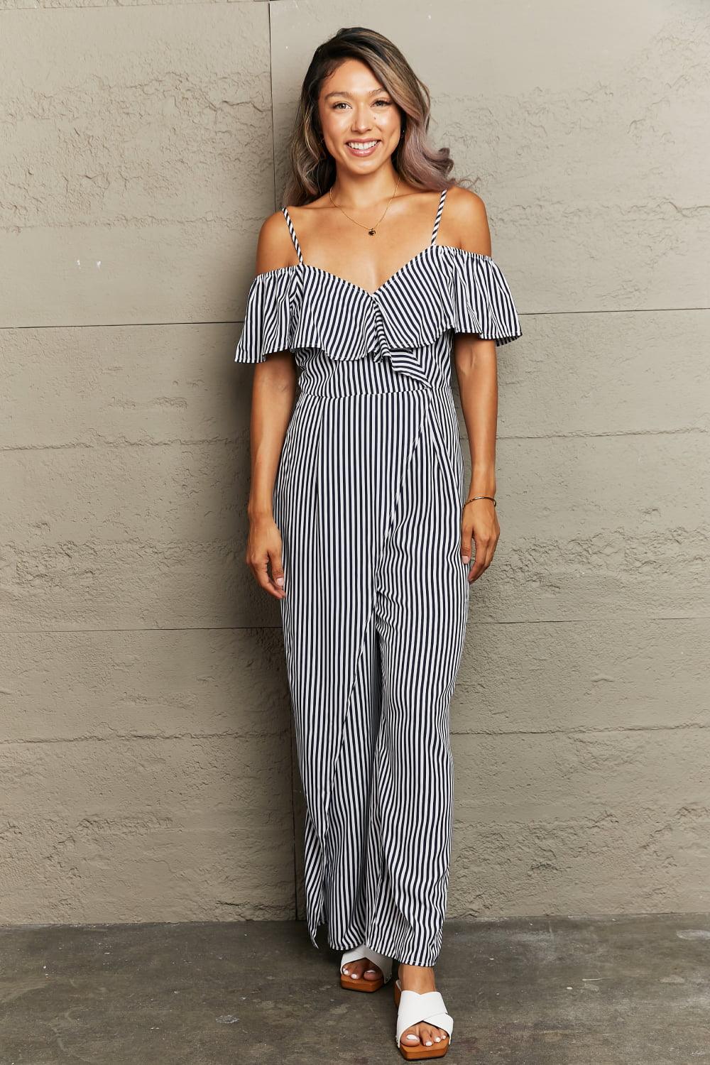 Get trendy with Striped Spaghetti Strap Cold-Shoulder Jumpsuit - Jumpsuits available at Styles Code. Grab yours today!