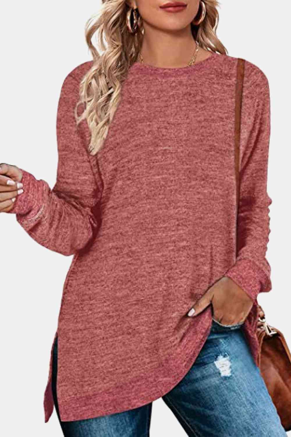 Get trendy with Round Neck Long Sleeve Slit T-Shirt - Shirt available at Styles Code. Grab yours today!