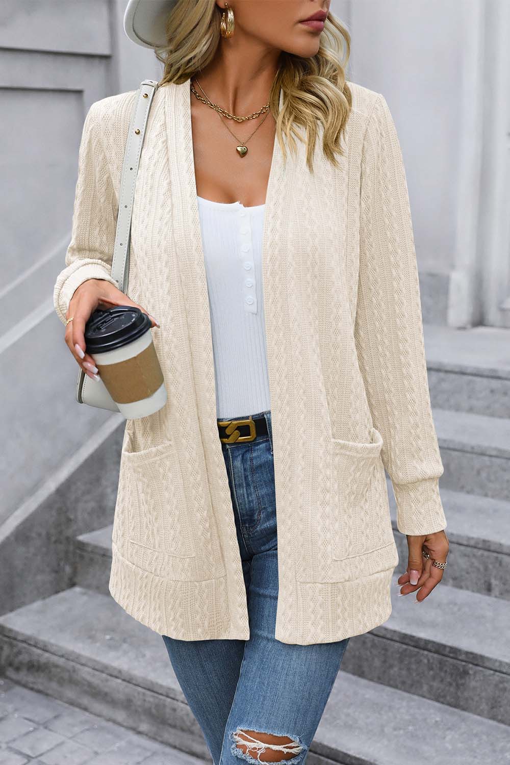 Get trendy with Cable-Knit Long Sleeve Cardigan with Pocket - Cardigans available at Styles Code. Grab yours today!