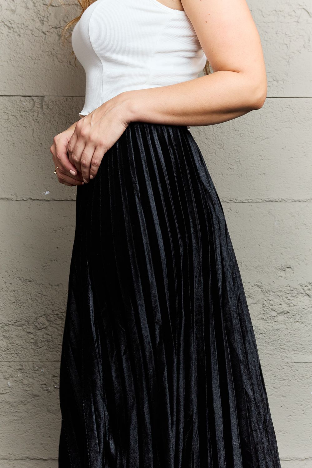 Get trendy with Ninexis Accordion Pleated Flowy Midi Skirt -  available at Styles Code. Grab yours today!