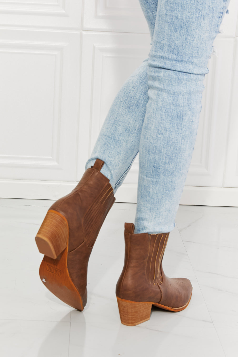 Get trendy with MMShoes Love the Journey Stacked Heel Chelsea Boot in Chestnut - Shoes available at Styles Code. Grab yours today!