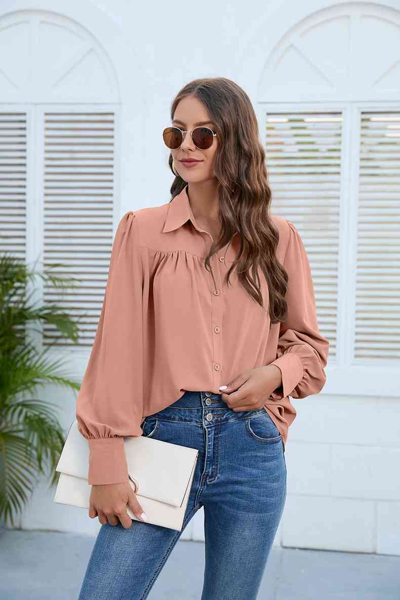 Get trendy with Puff Sleeve Collared Neck Shirt - Shirt available at Styles Code. Grab yours today!