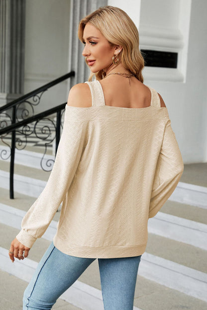 Get trendy with Cold Shoulder Square Neck Cutout Blouse - Tops available at Styles Code. Grab yours today!