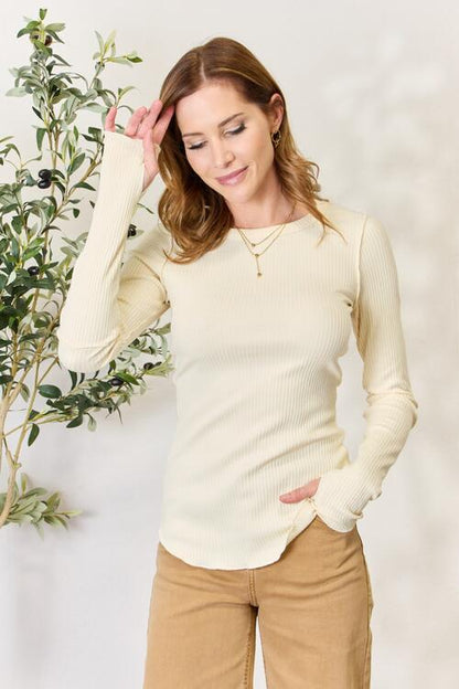 Get trendy with Full Size Ribbed Round Neck Long Sleeve Top - Top available at Styles Code. Grab yours today!