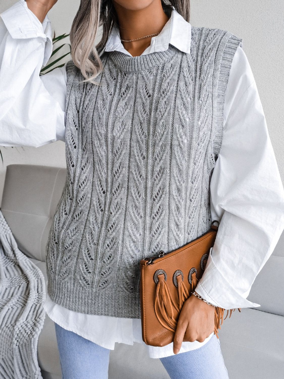 Get trendy with Round Neck Openwork Capped Sleeve Sweater Vest - Vests available at Styles Code. Grab yours today!