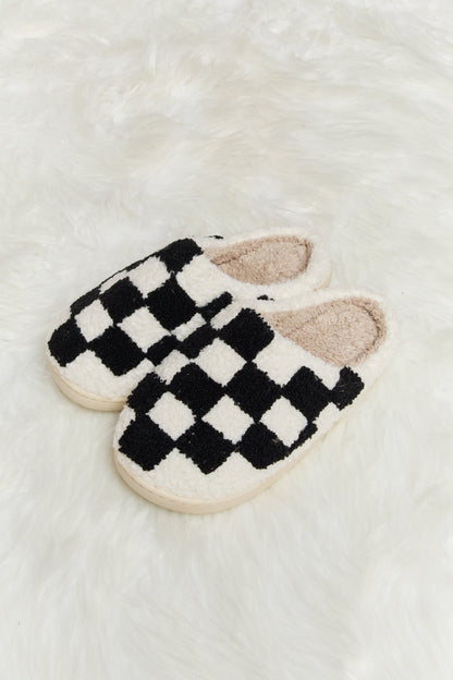 Get trendy with Melody Checkered Print Plush Slide Slippers - Shoes available at Styles Code. Grab yours today!