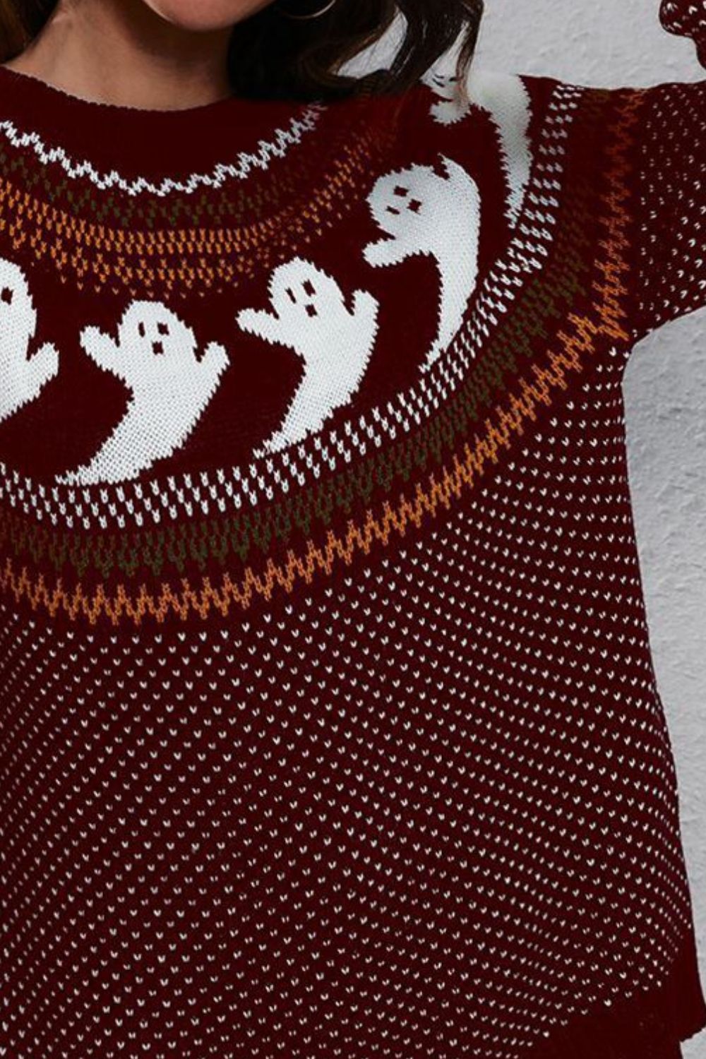 Get trendy with Ghost Pattern Round Neck Long Sleeve Sweater - Halloween Clothes available at Styles Code. Grab yours today!