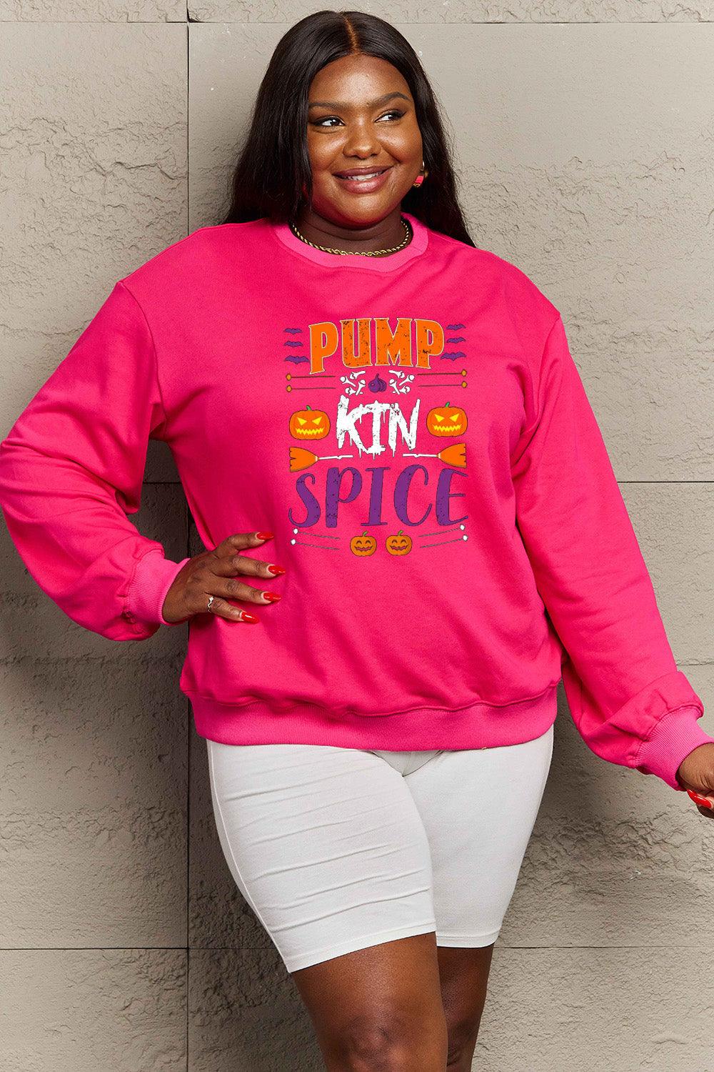 Get trendy with Simply Love Full Size PUMPKIN SPICE Graphic Sweatshirt - Halloween Clothes available at Styles Code. Grab yours today!