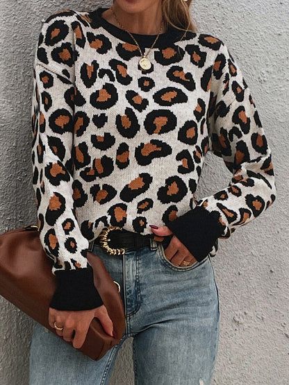 Get trendy with Leopard Round Neck Dropped Shoulder Sweater - Tops available at Styles Code. Grab yours today!